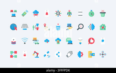 Digital transformation concepts showing cloud systems, automation, smart devices, analytics, connectivity and online business technology workflows flat icons set vector illustration Stock Vector