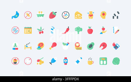 Healthy diet and nutrition symbols showing balanced eating, weight control, vitamins, fruits, vegetables and wellness habits for healthcare themes flat icons set vector illustration Stock Vector