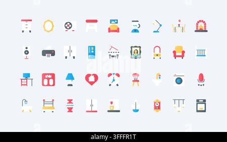 Furniture and household appliance symbols for interior living spaces, featuring seating, lighting, storage, kitchen and bathroom essentials. flat icons set vector illustration Stock Vector