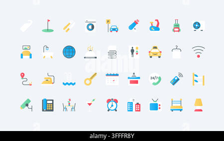 Hotel service and hospitality amenities symbols covering lodging, travel comfort, room facilities, reception support and guest convenience flat icons set vector illustration Stock Vector