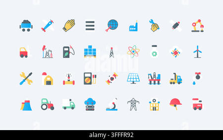 Industrial energy and manufacturing symbols covering mining, power, logistics, machinery, fuel, robotics and utility infrastructure for engineering workflows flat icons set vector illustration Stock Vector