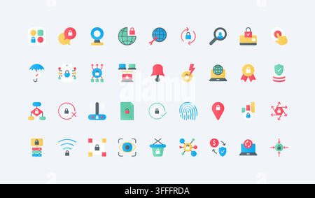 Internet security symbols for privacy protection, secure access, encrypted data, cyber defense and online safety across devices and networks flat icons set vector illustration Stock Vector