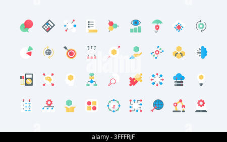Machine learning and artificial intelligence symbols for automation, analytics, neural networks, robotics and smart data workflows flat icons set vector illustration Stock Vector