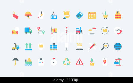 Logistics and cargo shipping symbols covering freight handling, warehouse movement, delivery tracking, packaging, storage and transport operations flat icons set vector illustration Stock Vector