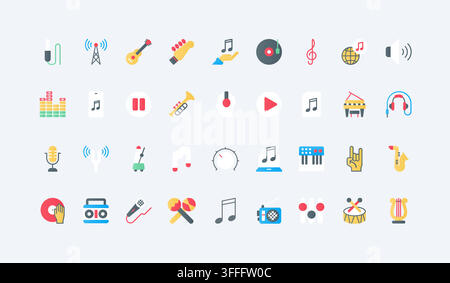 Music and audio symbols featuring instruments, playback, recording, broadcasting and listening elements for entertainment, media and sound design flat icons set vector illustration Stock Vector