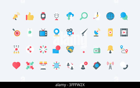 Network communication symbols for messaging, broadcasting, mobile media, sharing, connectivity and digital interaction across online and telecom services flat icons set vector illustration Stock Vector