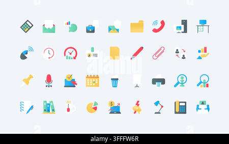 Office and workplace symbols for communication, scheduling, documents, meetings and productivity across everyday business administration workflows flat icons set vector illustration Stock Vector