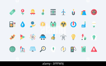 Power and energy symbols covering electricity generation, renewable sources, fuel, batteries, nuclear, grids and efficiency for utility and technology themes flat icons set vector illustration Stock Vector