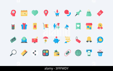 Sales and shopping symbols for retail promotion, ecommerce offers, payment, discounts, loyalty and customer engagement across commercial campaigns flat icons set vector illustration Stock Vector