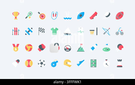 Sports and athletic activity symbols featuring balls, gear, fitness tools and competition elements for recreation, training and tournament themes flat icons set vector illustration Stock Vector