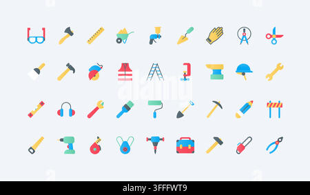 Construction tools and safety equipment for building, repair and workshop tasks, covering hand tools, measuring gear and protective work essentials flat icons set vector illustration Stock Vector