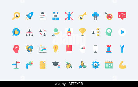 Training and mentoring symbols for coaching, leadership growth, teamwork, goals, learning progress and employee development workflows flat icons set vector illustration Stock Vector