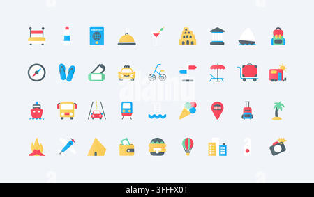 Travel and tourism symbols covering transport, accommodation, navigation, luggage, leisure, food and destination planning for vacation services and trip guides flat icons set vector illustration Stock Vector