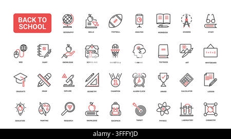 Back to school education symbols featuring study, science, sports, art and classroom learning elements for academic themes and student projects red black line icons set vector illustration Stock Vector