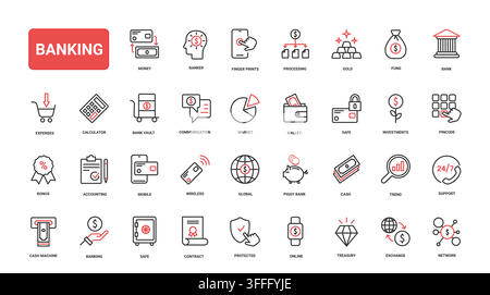 Banking and finance symbols covering payments, savings, investment, security, mobile access and money management for digital services red black line icons set vector illustration Stock Vector