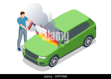 Isometric man using fire extinguisher on burning car Stock Vector