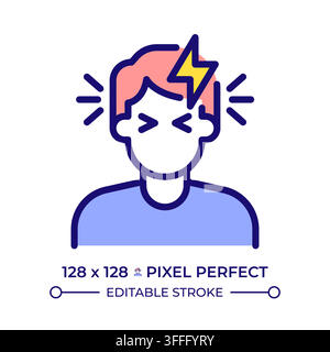 Chronic headache relief strategies pixel perfect line color icon. Severe migraine symptoms. Mental burnout and fatigue. Neurological pain. Filled outl Stock Vector