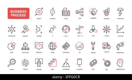 Business process management symbols covering growth, cash flow, office tasks, teamwork, logistics, analytics and strategic planning for corporate workflow red black line icons set vector illustration Stock Vector