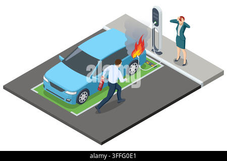 Isometric electric car fire at charging station Stock Vector