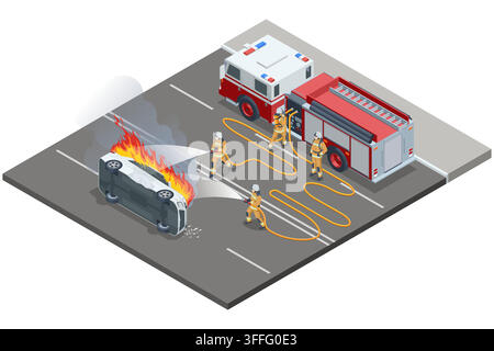 Isometric firefighters extinguishing overturned burning car Stock Vector