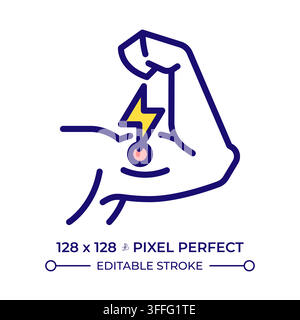 Muscle pain relief pixel perfect line color icon. Aching bicep strain treatment. Targeted joint recovery. Chronic elbow discomfort. Filled outlined pi Stock Vector