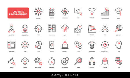 Coding and programming symbols for software development, debugging, security, cloud systems and digital engineering workflows red black line icons set vector illustration Stock Vector