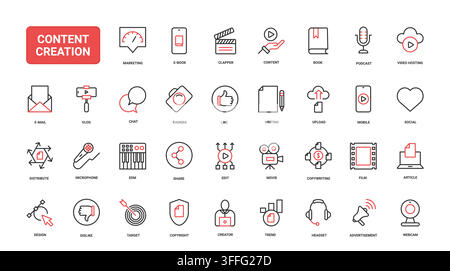 Creative content production symbols for marketing, publishing, podcasting, video sharing, writing, editing and social communication workflows red black line icons set vector illustration Stock Vector