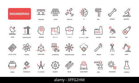 Engineering themed symbols covering construction, mechanics, energy, research, manufacturing and technical development for industrial design use red black line icons set vector illustration Stock Vector
