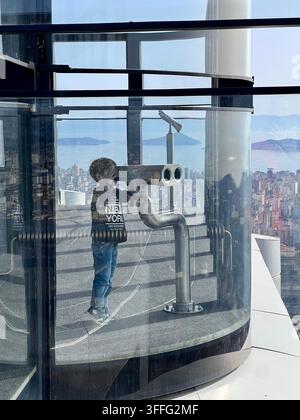 A boy looking through coin-operated binoculars on an observation deck with a panoramic view. Stock Photo