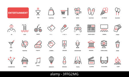 Entertainment themed leisure symbols covering movies, music, travel, sports, gaming, food and celebration for lifestyle and recreation projects red black line icons set vector illustration Stock Vector
