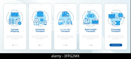 Types of rail freight services monochrome blue onboarding mobile app screen Stock Vector