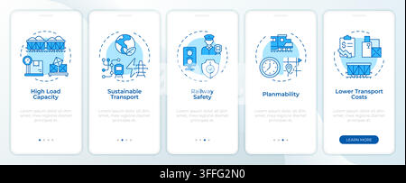 Benefits of rail freight monochrome blue onboarding mobile app screen Stock Vector