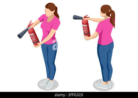 Isometric woman holding fire extinguisher for safety training Stock Vector