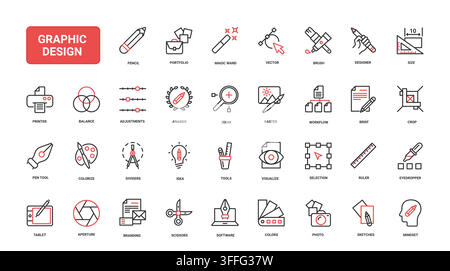 Graphic design tools and creative workflow symbols for branding, drawing, editing, printing and visual production across digital studio tasks red black line icons set vector illustration Stock Vector