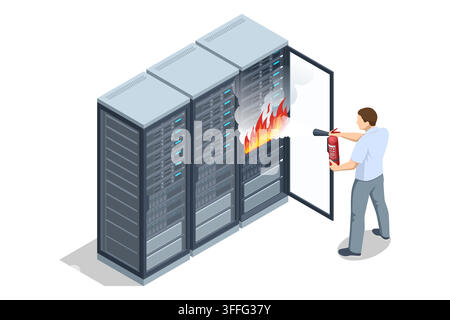 Isometric server room fire with man using fire extinguisher Stock Vector