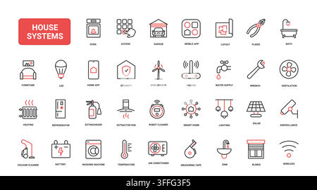 House systems symbols covering smart home control, energy, security, appliances, water, climate and maintenance for residential technology use red black line icons set vector illustration Stock Vector