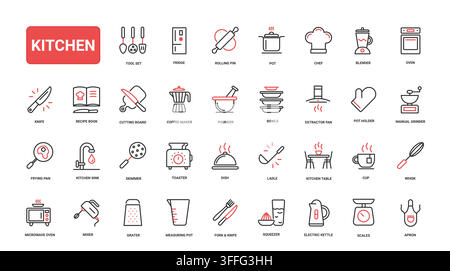 Kitchen utensils, cookware and home cooking appliances for food preparation, baking and dining visuals in a household culinary theme red black line icons set vector illustration Stock Vector