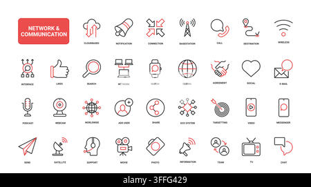 Network communication symbols for calls, messaging, wireless links, sharing, support and global digital interaction across connected devices red black line icons set vector illustration Stock Vector