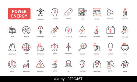 Power and energy themed symbols covering electricity generation, renewable sources, fuel systems, smart technology and industrial utilities red black line icons set vector illustration Stock Vector