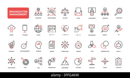 Organization management concepts for leadership, teamwork, planning, recruitment, communication and performance tracking in corporate workflows red black line icons set vector illustration Stock Vector