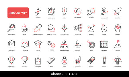Productivity themed business symbols showing focus planning goals motivation teamwork efficiency and growth for workflow and performance visuals red black line icons set vector illustration Stock Vector