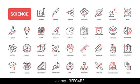 Science and research symbols for laboratory study, biology, chemistry, astronomy, data analysis and innovation in education and technology red black line icons set vector illustration Stock Vector