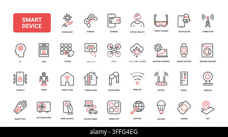 Smart device technology symbols for connected living, wearable electronics, wireless access, home control, security, banking and digital communication red black line icons set vector illustration Stock Vector