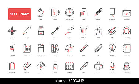 Office stationary supplies and workspace essentials for school, desk organization, paperwork, writing tools and daily administrative tasks red black line icons set vector illustration Stock Vector