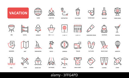 Vacation travel and summer holiday symbols featuring beach leisure, luggage, transport, maps and tourism essentials for getaway planning red black line icons set vector illustration Stock Vector