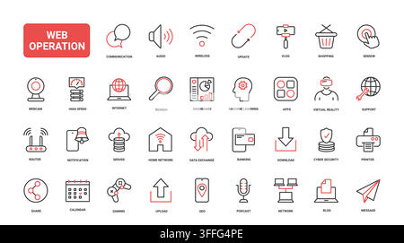 Web operation themed symbols for communication, internet access, data exchange, security, apps and digital workflow interfaces red black line icons set vector illustration Stock Vector