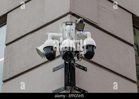 New York, NY-June 15, 2026: Flock Surveillance License Plate Camera mounted on a builiding used for reading automobile license plates. Stock Photo