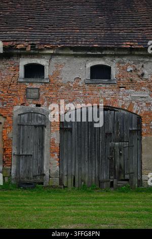 Weathered wooden barn wall with tiled roof, moss, and grassy foreground ...