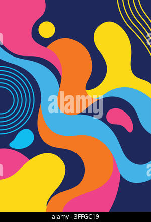 Abstract background featuring fluid organic shapes in vibrant pink, yellow, orange, and blue colors with decorative circular and linear patterns. Stock Vector