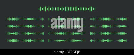 Neon soundwaves, green isolated glowing sound audio waves. Stock Vector